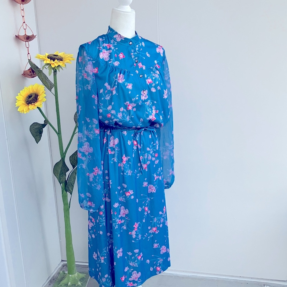 Vintage 70s Blue and Hot Pink Botanical Floral Sheer Bishop Sleeve Midi Dress